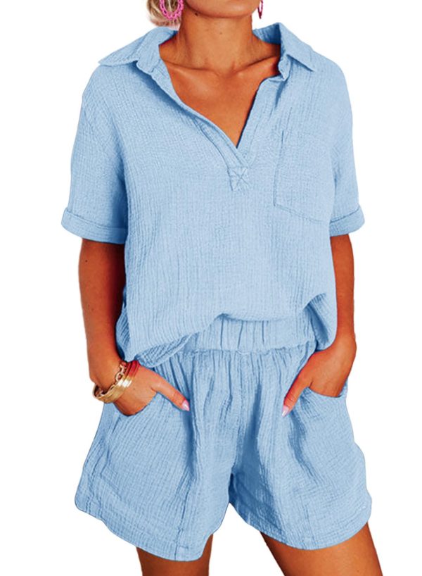 61iBYFZi9yL.jpg Women's Two Piece Outfits V Neck Short Sleeve Shirts and High Waist Shorts Lounge Sets