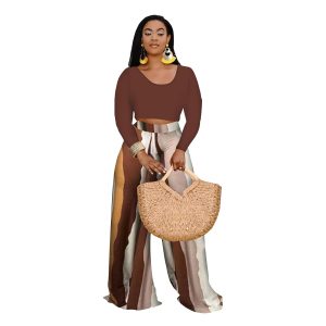 2 Piece Outfits for Women Sexy Backless Long Sleeve Crop Top High Waist Wide Leg Long Pant Sets Tracksuit Printed Set
