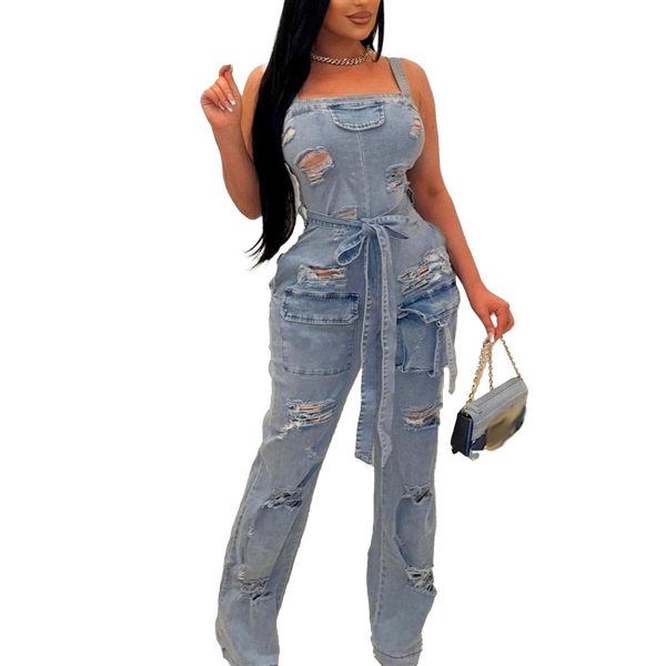 61k26vY36rL.jpg Denim Jumpsuit for Women Halter Wide Leg Ripped Jean Jumpsuits for Women with Belt Casual Denim Romper