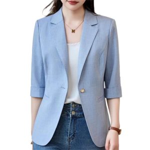 Women Spring Summer Elegant OL Thin Blazer Neck Half Sleeve Solid Suits Coats Office Work Jacket Tops