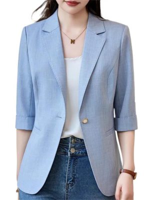Women Spring Summer Elegant OL Thin Blazer Neck Half Sleeve Solid Suits Coats Office Work Jacket Tops