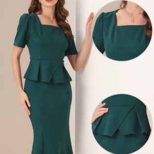 Business Skirt Set for Women's 2 Piece Outfit Short Sleeve Peplum Top Fishtail Bodycon Skirts