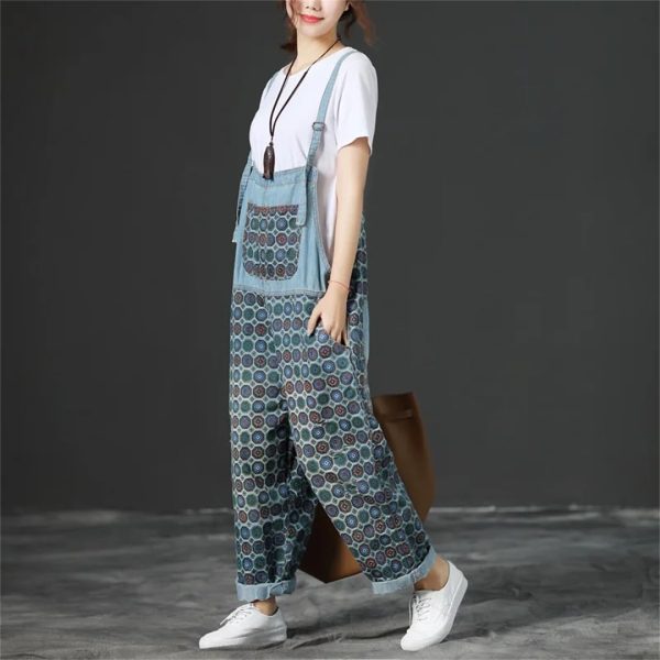 61lF60kw8fL.jpg Women Vintage Printed Jumpsuits Loose Washed Denim Overalls Print Simple Rompers Pants