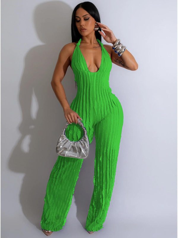 61m9iTQttzL.jpg Summer Sexy Halter Jumpsuits for Women V Neck Tie Knot Pleated Boho One Piece Wide Leg Long Pants Jumpsuit Romper