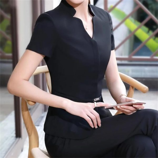 61mnLlGbP6L.jpg Women Summer Business Pant Suit Formal Slim Short Sleeve V Neck Blazer and Trousers Office Ladies Work Wear Uniform