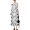 Women‘s Boho Tribal Halter Dress Cotton Linen Printed Sleeveless Hanging Neck Drawstring Long Beach Dress with Pockets