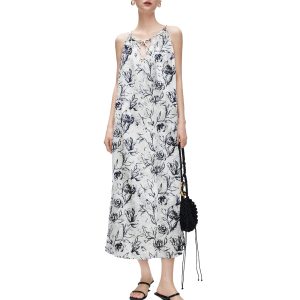 Women‘s Boho Tribal Halter Dress Cotton Linen Printed Sleeveless Hanging Neck Drawstring Long Beach Dress with Pockets