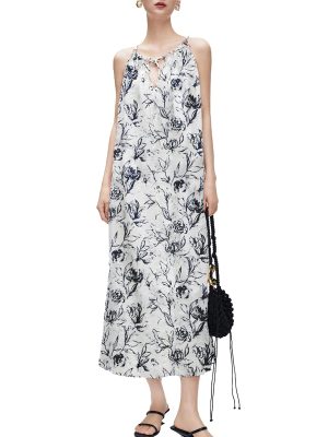 Women‘s Boho Tribal Halter Dress Cotton Linen Printed Sleeveless Hanging Neck Drawstring Long Beach Dress with Pockets