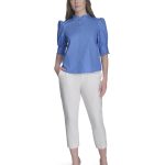 Women's Short Sleeve Ruffle Neck Button Front Shirt