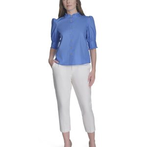 Women's Short Sleeve Ruffle Neck Button Front Shirt