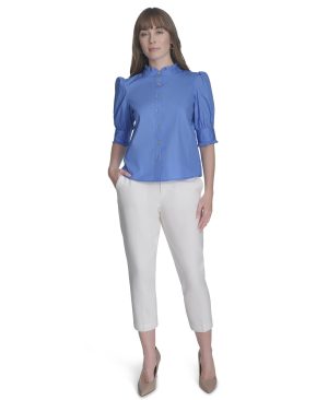 Women's Short Sleeve Ruffle Neck Button Front Shirt