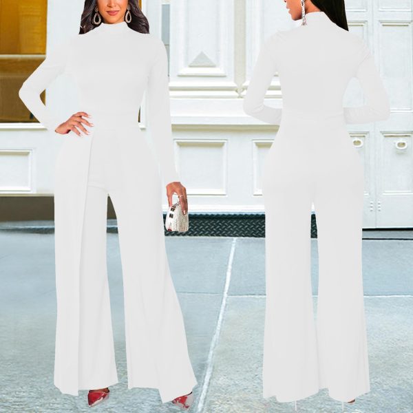 61oF4y77ssL.jpg Women's Casual Long Sleeve Round Neck Jumpsuits Work Wide Leg Pants Club Party Loose Rompers