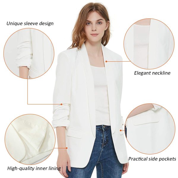 61oFu9WTtTL.jpg Womens 3/4 Ruched Sleeve Blazer Jacket Lightweight Work Office Open Front Solid Coat, Black
