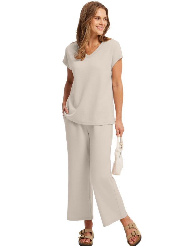 61oJawYNVL.jpg Two Piece Sets for Women Summer Outfits Lounge Sets V Neck Tops Wide Leg Pants Woman Vacation Travel Outfits
