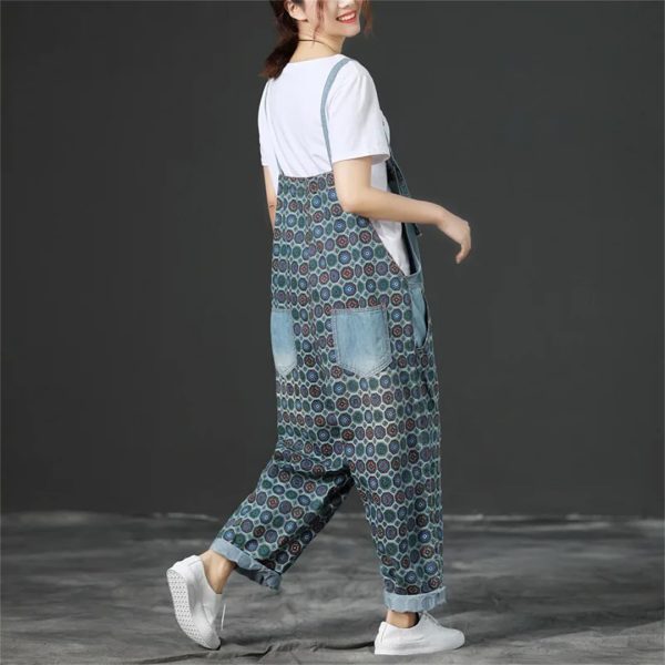 61pEAotaoWL.jpg Women Vintage Printed Jumpsuits Loose Washed Denim Overalls Print Simple Rompers Pants