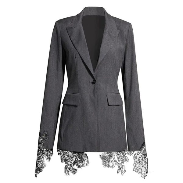61pbi8OeypL.jpg Women Embroidery Lace Notched Collar Long Sleeve Tunic Slimming Blazers