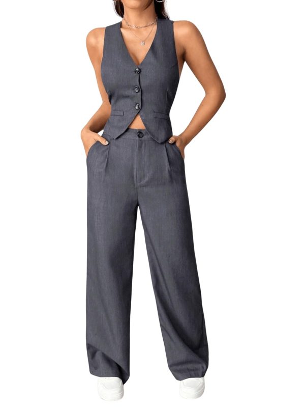61pgB2cuBfL.jpg Women's 2 Piece Solid Sleeveless V Neck Cross Back Button Down Blazer and Pants Business Office Suit Set