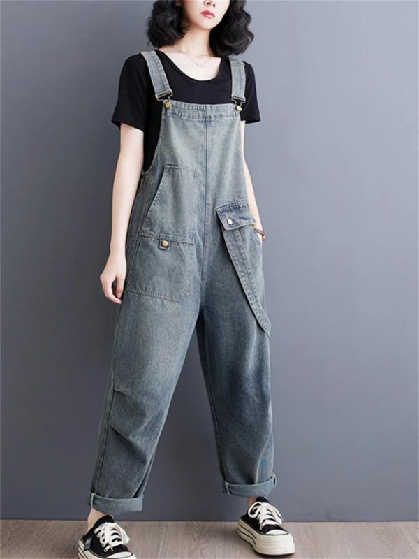 61q6uQ6vUGL.jpg Womens Blue Vintage Big Pockets Streetwear Overalls Long Jumpsuit Loose Rompers Denim Jumpsuits