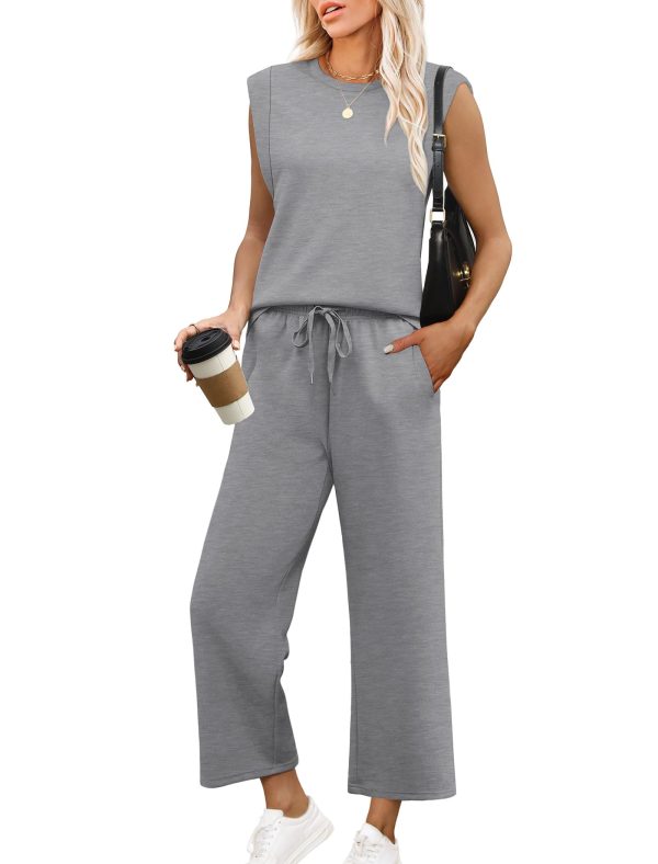 61qqUHbNK2L.jpg Two Piece Sets for Women Casual Travel Vacation Outfits Summer Wide Leg Crop Pants Lounge Sets