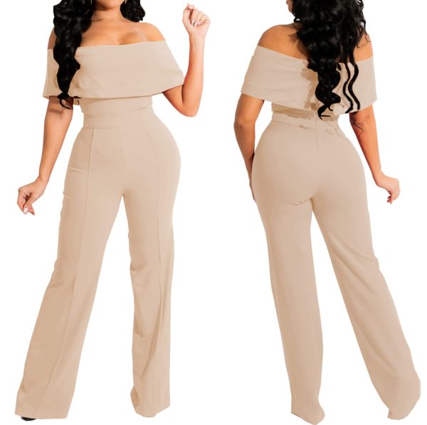 61qqa6ebctL.jpg Women's Sexy Off Shoulder Ruffle Jumpsuits Elegant Wide Leg Long Pants Clubwear Rompers with Pockets
