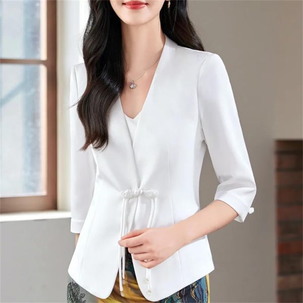 61rEVQkVHdL.jpg Women Satin Silk Suit Coat Half Sleeve Solid Single Button Blazer Elegant Office Outerweara Jacket