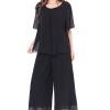 Women's 2 Piece Chiffon Sets Outfits Flowy Summer Casual Dressy Pantsuits Double Layers Blouse Capris Pants Suits
