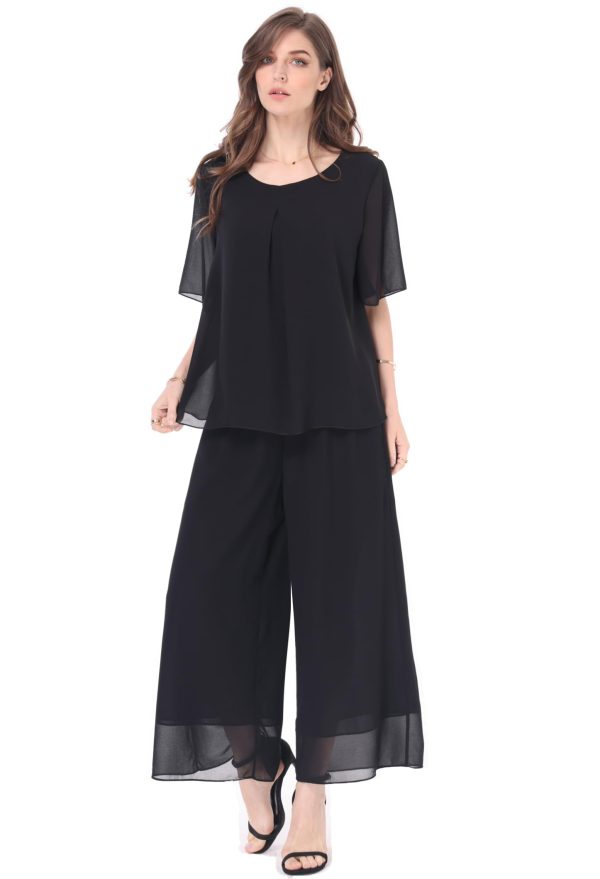 61sAkrZogJL.jpg Women's 2 Piece Chiffon Sets Outfits Flowy Summer Casual Dressy Pantsuits Double Layers Blouse Capris Pants Suits