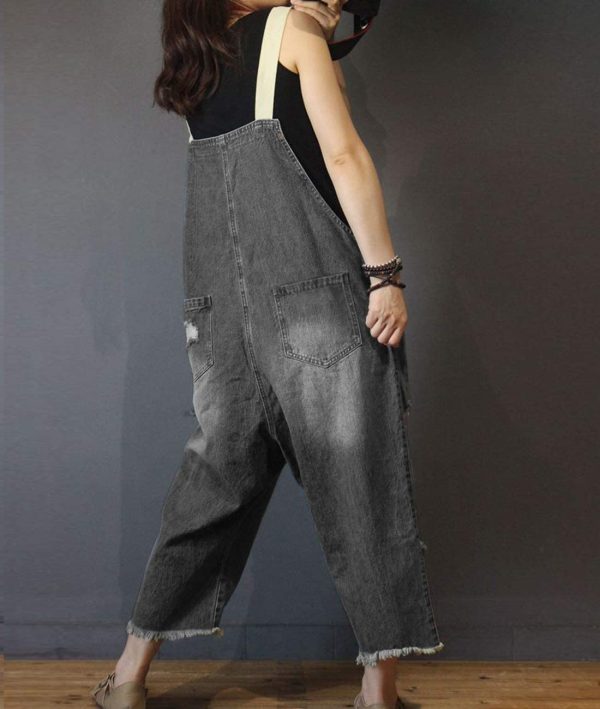 61sqMTW6W1L.jpg Women Casual Loose Cropped Denim Jumpsuits Rompers Jeans Overalls Distressed Ripped Fringed/Pockets P49