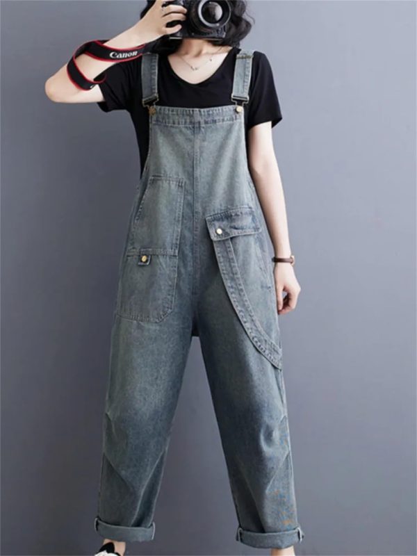 61t557-wsFL.jpg Womens Blue Vintage Big Pockets Streetwear Overalls Long Jumpsuit Loose Rompers Denim Jumpsuits