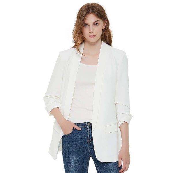 61uOFFUYg5L.jpg Womens 3/4 Ruched Sleeve Blazer Jacket Lightweight Work Office Open Front Solid Coat, Black