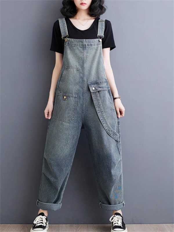 61w5jeSRXYL.jpg Womens Blue Vintage Big Pockets Streetwear Overalls Long Jumpsuit Loose Rompers Denim Jumpsuits