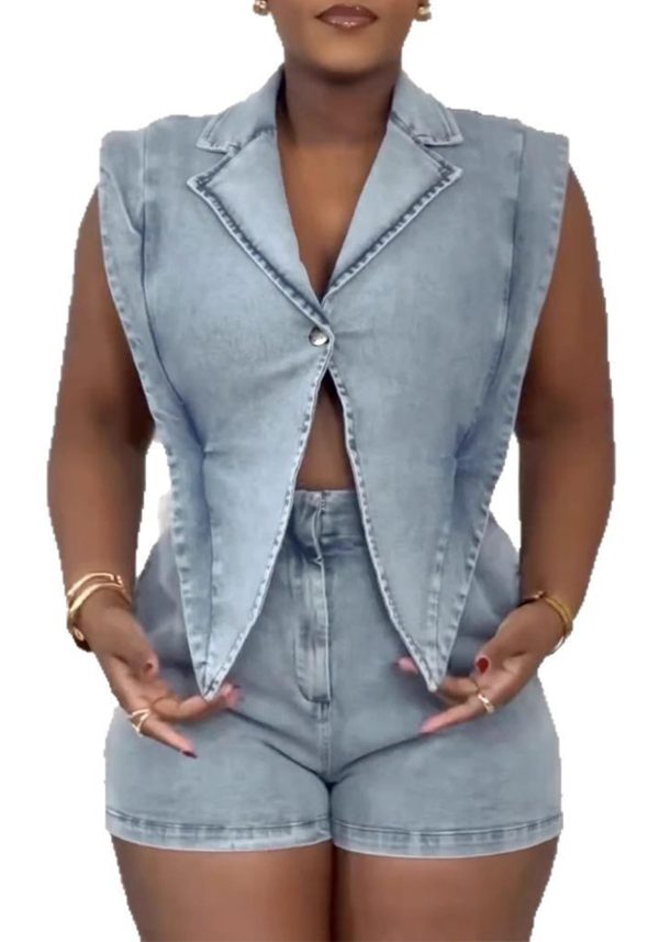 61xChTqVkjL.jpg Womens Denim Romper Y2k Sleeveless V Neck Lapel Blazers Vest Work Business Short Jeans Jumpsuits