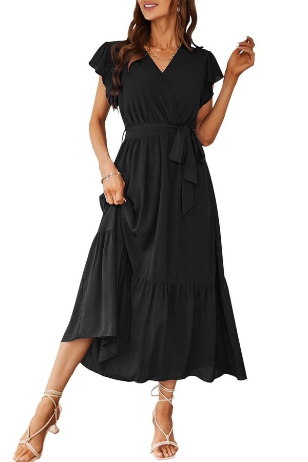 61xNZUI04dL.jpg Women's Summer Floral Boho Maxi Dress Wrap Short Sleeve V Neck Ruffle A-Line Flowy Wedding Guest Long Dresses