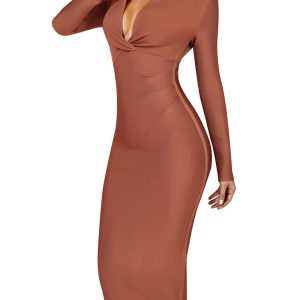 Women's Deep Plunge V Neck Long Sleeves Draped Knee Length Bodycon Bandage Dress
