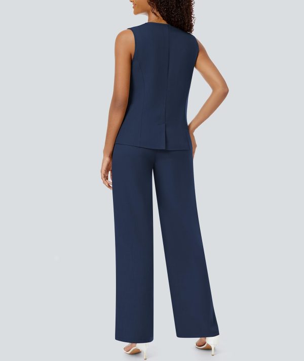 61yKnQKPv8L.jpg Women's 2 Piece Blazer Outfits Sleeveless Crewneck Vest Wide Leg Pantsuit 2025 Dressy Casual Work Sets