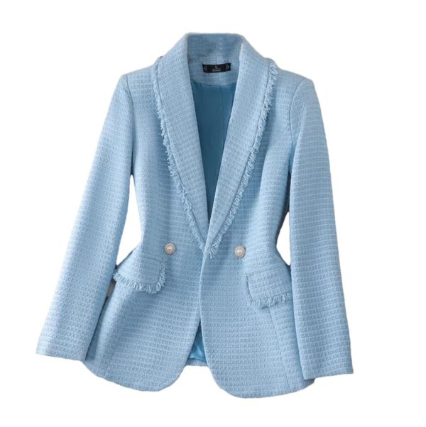 61yhRWTicGL.jpg Women's Long Sleeve Suit Jacket Double Breasted Tweed Blue White Blazer Coat Business Casual Work Outerwears