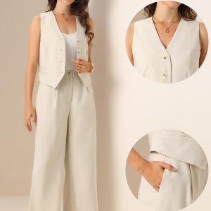 Two Piece Outfits for Women's Button Front Sleeveless Vest Wide Leg Pants Matching Sets