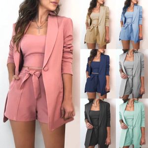 Women Sexy Bussiness Outfits 3 Piece Open Front Button Blazers + Crop Tops + Belted Shorts Set Jumpsuits