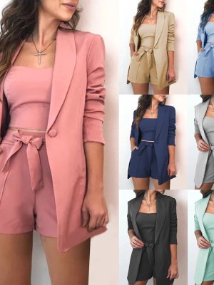 Women Sexy Bussiness Outfits 3 Piece Open Front Button Blazers + Crop Tops + Belted Shorts Set Jumpsuits