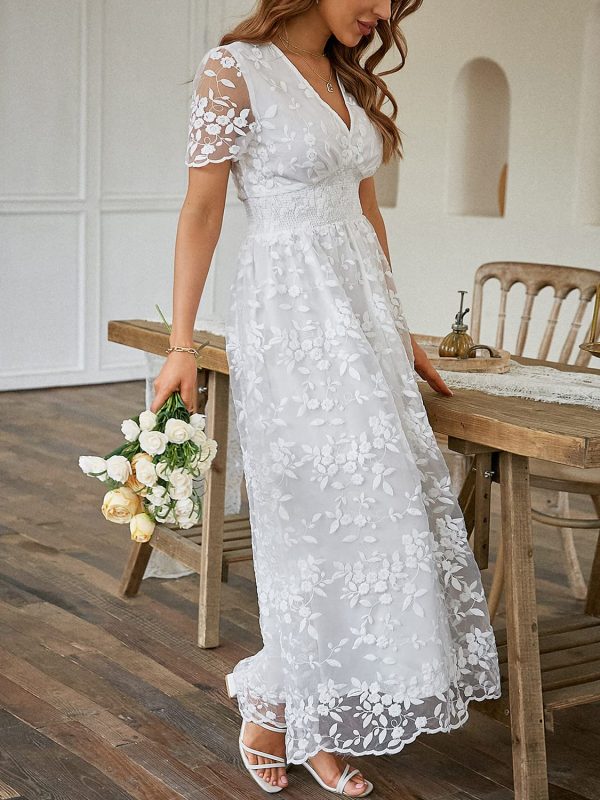 71-eZTC20TL.jpg Women's V-Neck Lace Floral Long Dress Embroidery Cocktail Wedding Guest Boho Maxi Dress