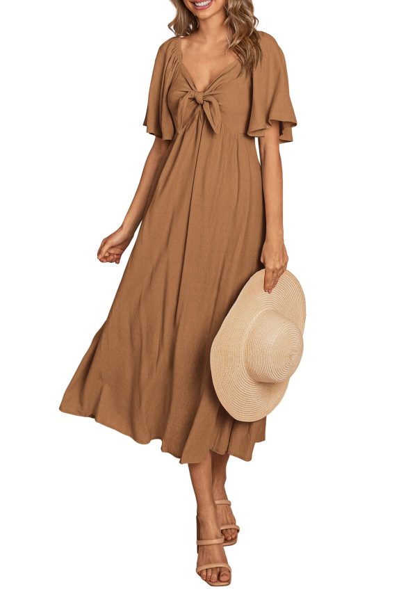 7109cMwL0L.jpg 2025 Summer Dress for Women Casual Short Sleeve Bow Tie V Neck Ruffle Midi Flowy Dresses