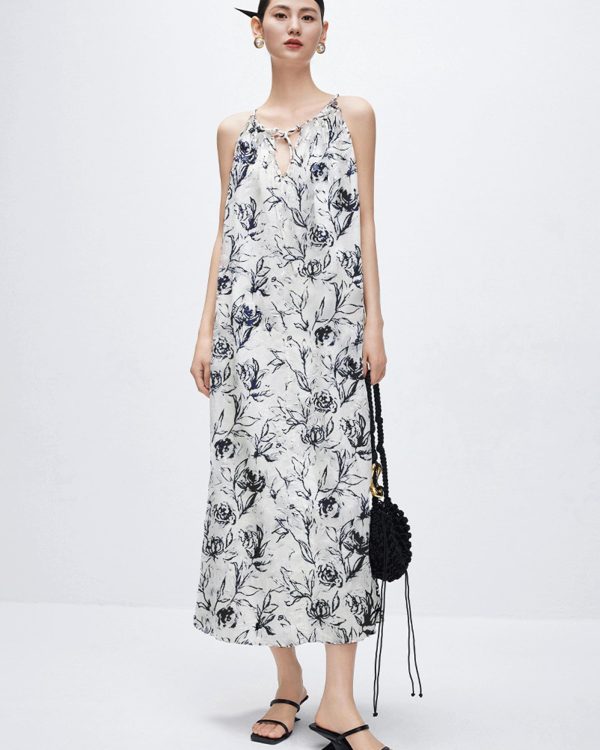 710PHj53EL.jpg Women‘s Boho Tribal Halter Dress Cotton Linen Printed Sleeveless Hanging Neck Drawstring Long Beach Dress with Pockets
