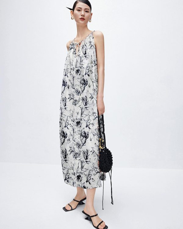 710n8IL7RL.jpg Women‘s Boho Tribal Halter Dress Cotton Linen Printed Sleeveless Hanging Neck Drawstring Long Beach Dress with Pockets