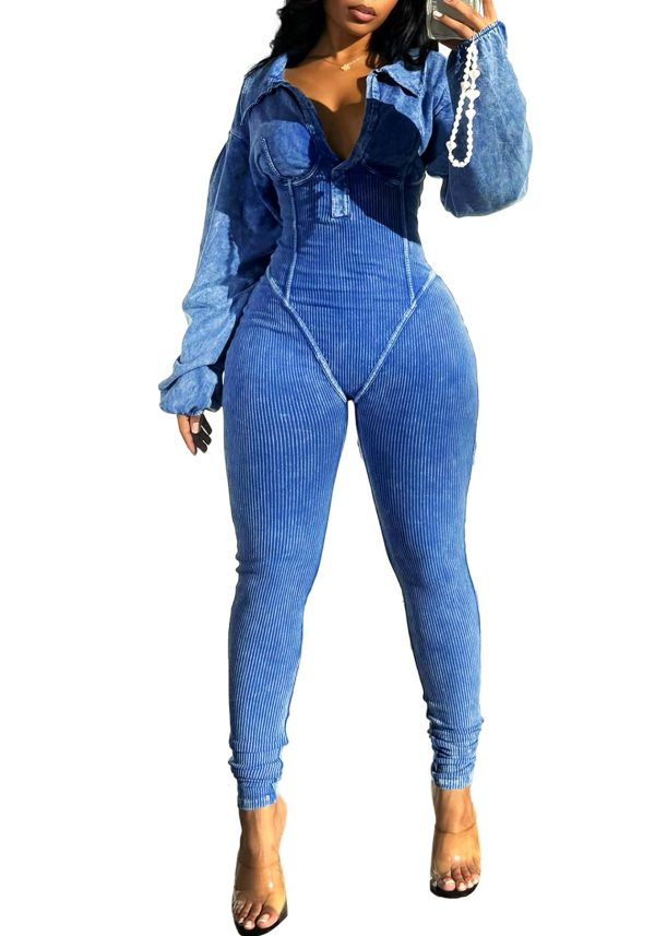 710tskuEtDL.jpg Women's Long Sleeve Workout Jumpsuit Sexy V neck Stretchy Ribbed Bodysuits Solid Color Comfy Bodycon Rompers