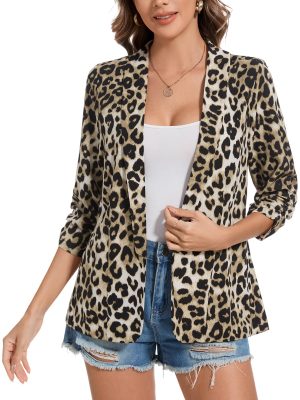 Womens Chiffon Blazer 3/4 Sleeve Shawl Collar Open Front Blazers Casual Work Office Cardigan Suit Jacket