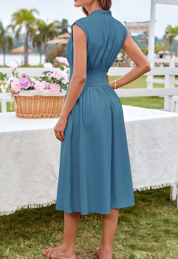 711PsW4HQKL.jpg Womens Summer Casual Dress V Neck Cap Sleeve Zipper Front Flowy Midi Dress with Pockets