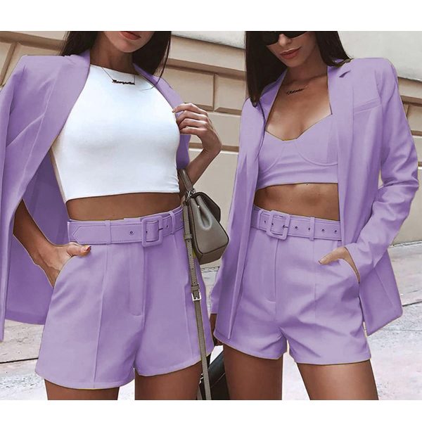 711cZwZ0y9L.jpg 2 Piece Outfits for Women Long Sleeve Solid Open Front Blazer Shorts with Belt Casual Elegant Business Suit Sets