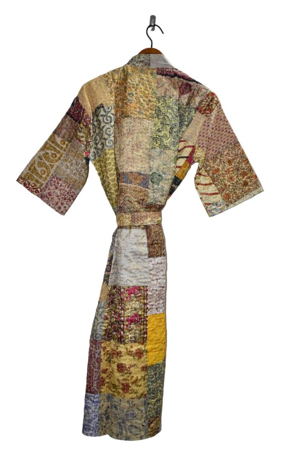 712D075J2NL.jpg Rajbhoomi Women Kimono Robe Handmade Silk Patola Kantha Quilt Body Warmer Coat Rob Patchwork Overcoat Jacket