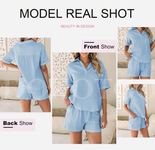 713iJCxRe3L.jpg Women's Two Piece Outfits V Neck Short Sleeve Shirts and High Waist Shorts Lounge Sets
