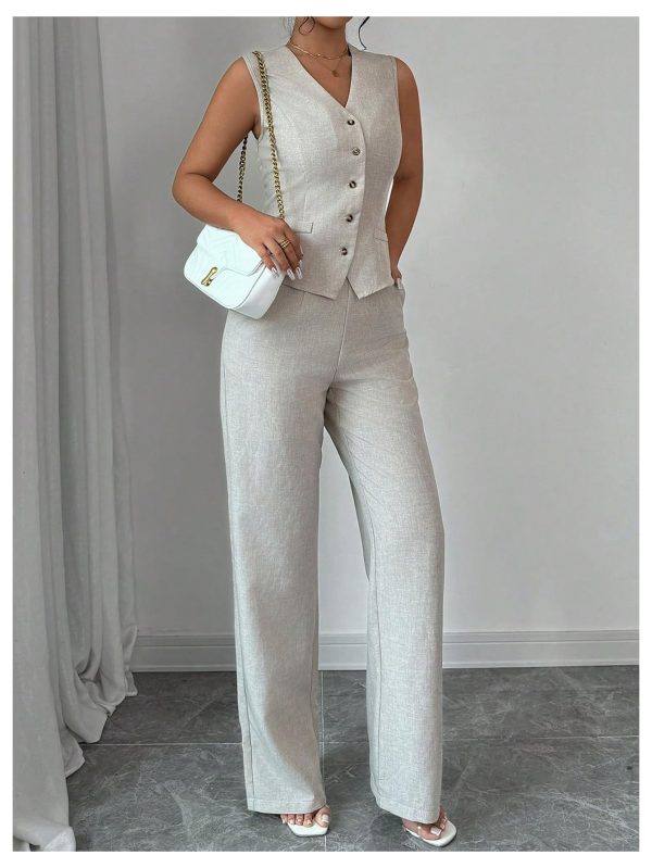 713qMGXozWL.jpg Women's 2 Piece Outfits V Neck Button Down Vest Tops and High Waisted Pants Set Office Work Suit